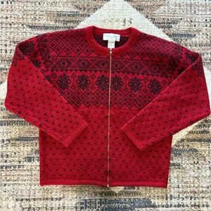 Casual Corner Red and Black Zip-Up Sweater 100% Wool Small
